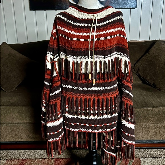 Vintage • Southwestern• Alpaca Fabric • Brown/Beige • One Size • Fringe • Poncho - Picture 14 of 14